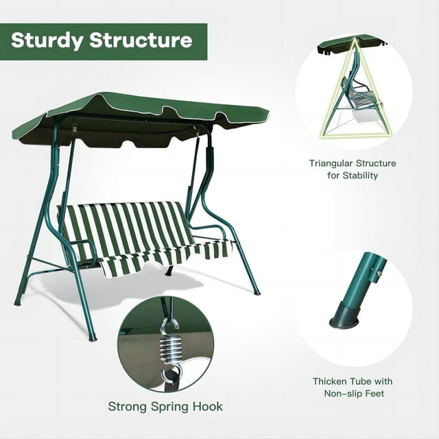 3-Seat Patio Swing Chair, Outdoor Porch Swing with Adjustable Canopy & Durable Steel Frame for Patio, Garden - Green