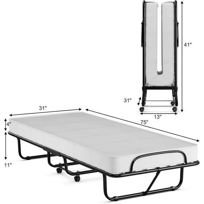 SUGIFT Folding Bed with Mattress for Adults, Fold up Bed with Memory Foam Mattress & Metal Frame on Wheels, Cot Size Roll Away Adult Bed, Foldable Portable Guest Bed for Easy Storage