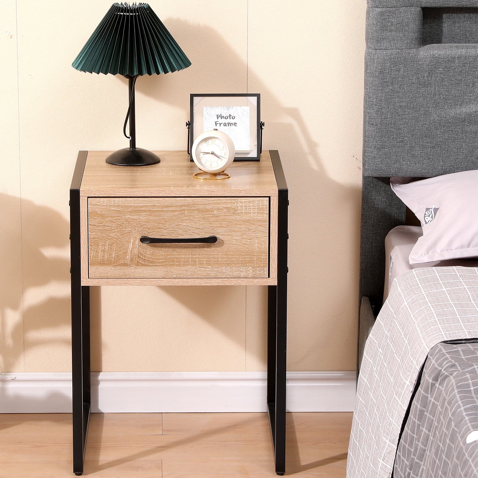 Vebreda Nightstand with Drawer Night Stand for Bedroom, Home Office, Beige Oak