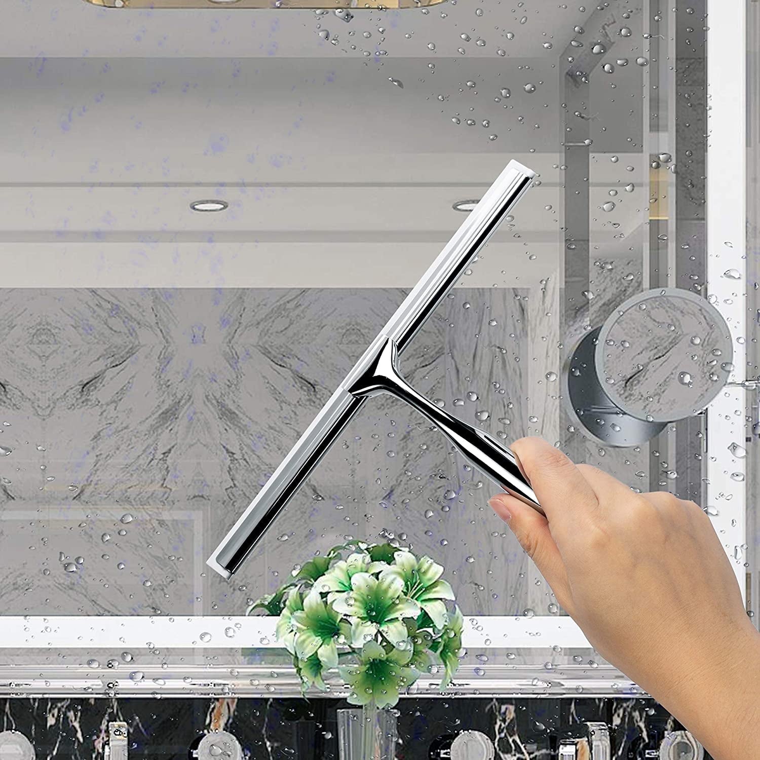 YouYeap Shower Squeegee Clear Glass Wall Cleaner Stainless Steel with Suction Storage Hook Chrome