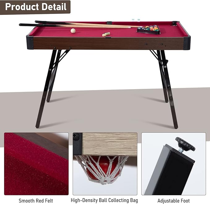 SUGIFT 48in  Folding Pool Table, Portable Billiard Game Tables for Family Game Room Red