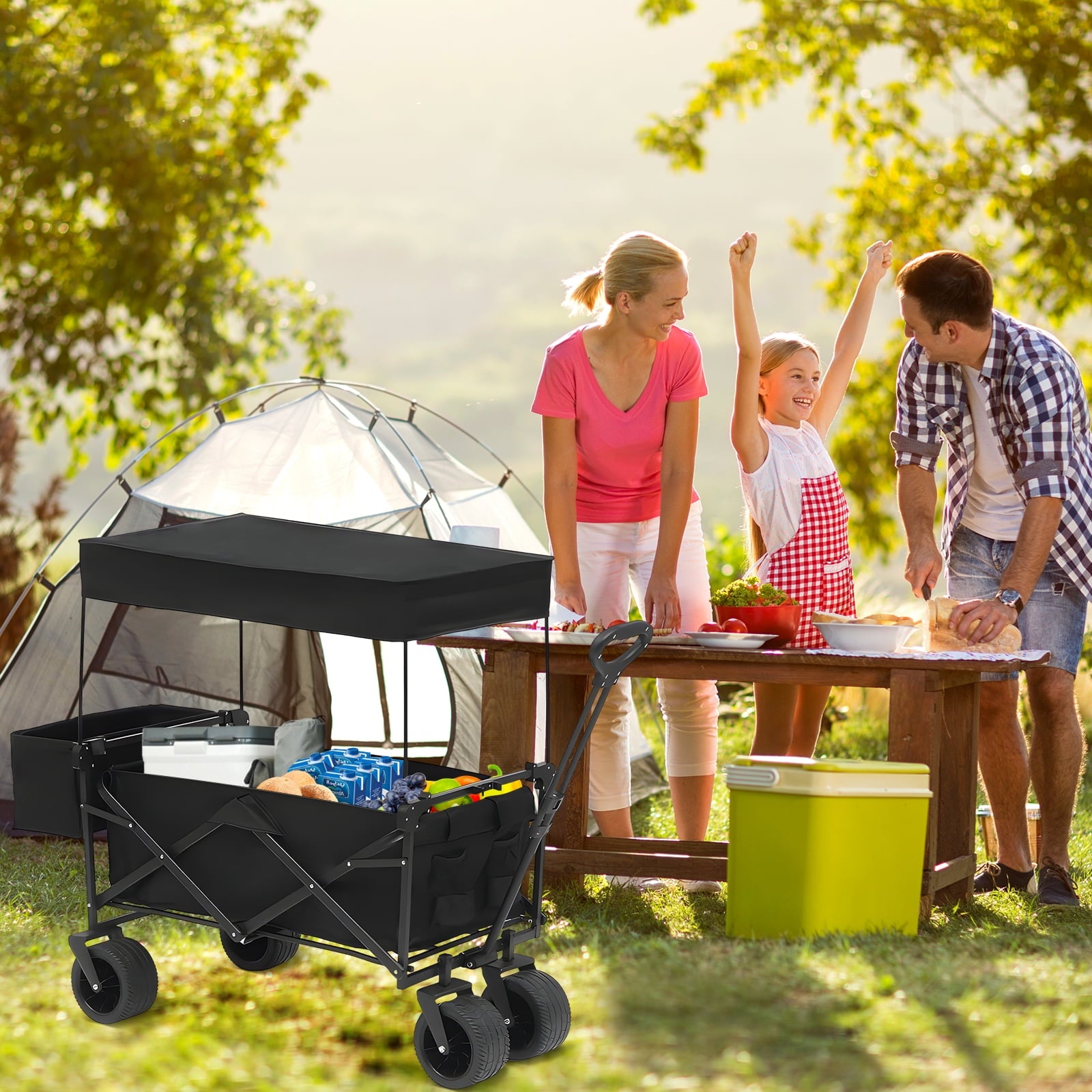 SUGIFT Collapsible Wagon Cart with Removable Canopy, Oxford Cloth Beach Cart with Wheels and Rear Storage, Garden Grocery Wagon for Camping, Black