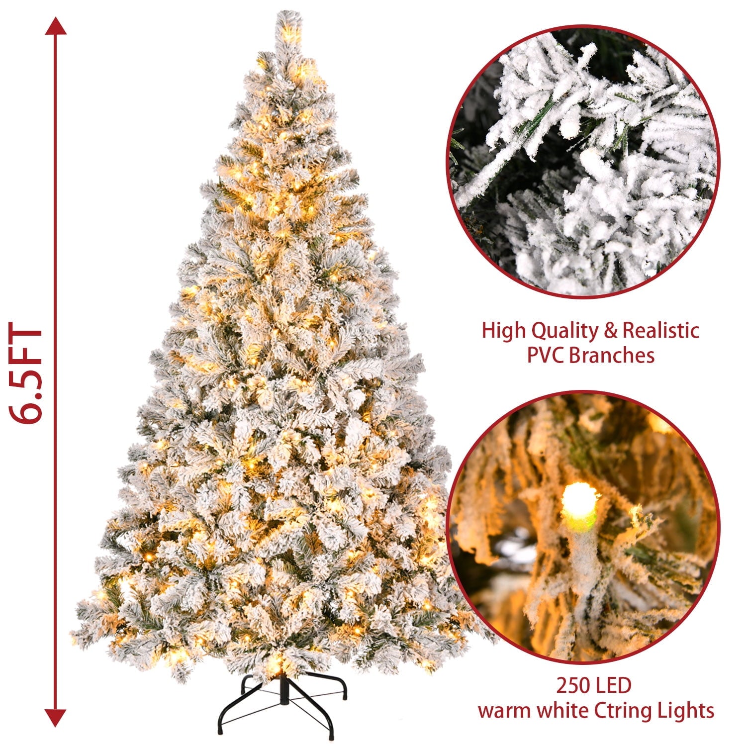 SUGIFT 6.5ft Premium Christmas Tree, Snow Flocked Pine 1000 Branches with 250 Warm White Lights