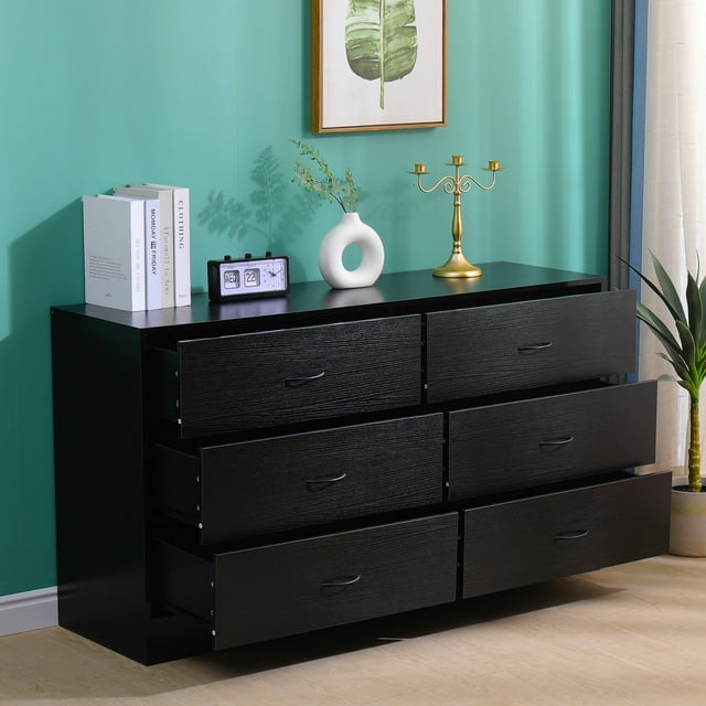 SUGIFT 6 Drawer Dresser, Modern Wood Chest of Drawers for Bedroom, Black