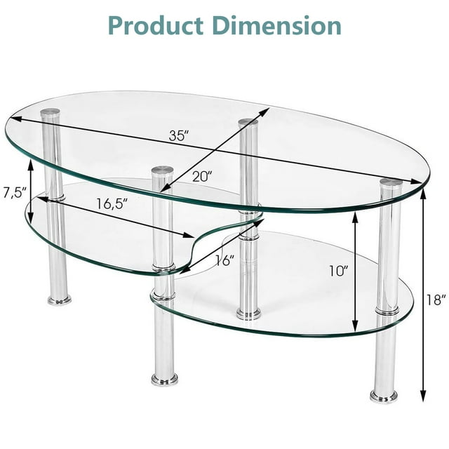 ALPULON Tempered Glass Coffee Table Oval 3-Tier Steel Tea Table for Home Living Room Office