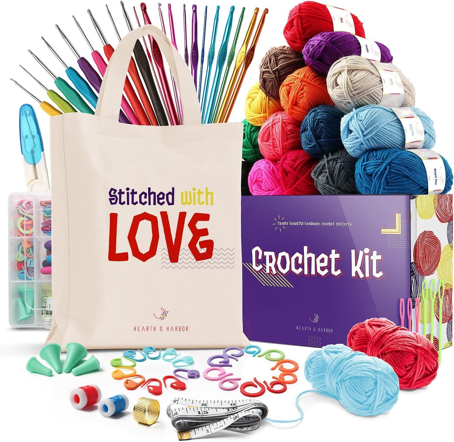 Harigal 73 PCS Crochet Kit for Beginners Adults, Ergonomic Crochet Hook Set Include Roll Yarn, Knitting Needles and Other Supplies, Canvas Tote Bag for Travel