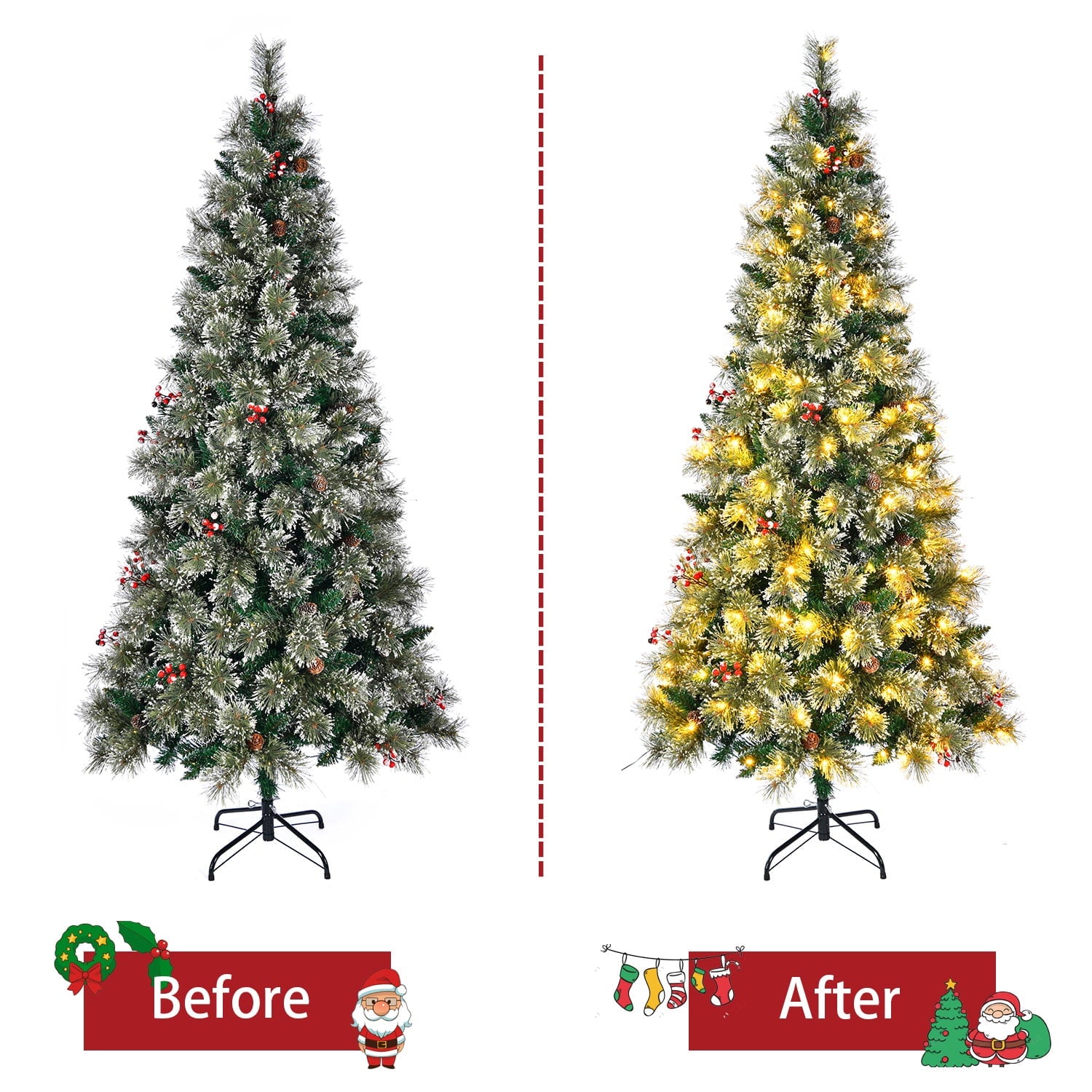 SUGIFT 6.5ft Premium Christmas Tree with Flocked Snow Pine Cone Red Trim and 200 Warm White Lights