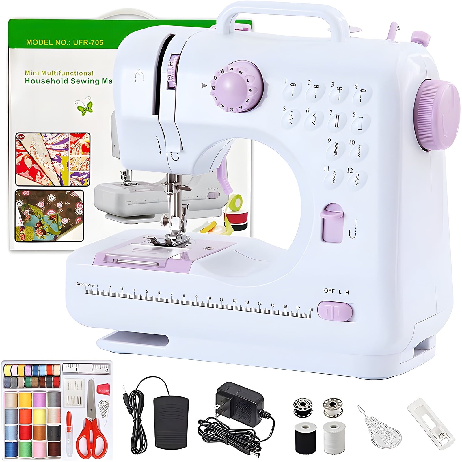 12 Stitches Sewing Machine, Multifunctional Mini Portable Sewing Machine Basic Easy to Use for Adults and Kids, Two-Thread Lockstitch with High Low Adjustable Speeds