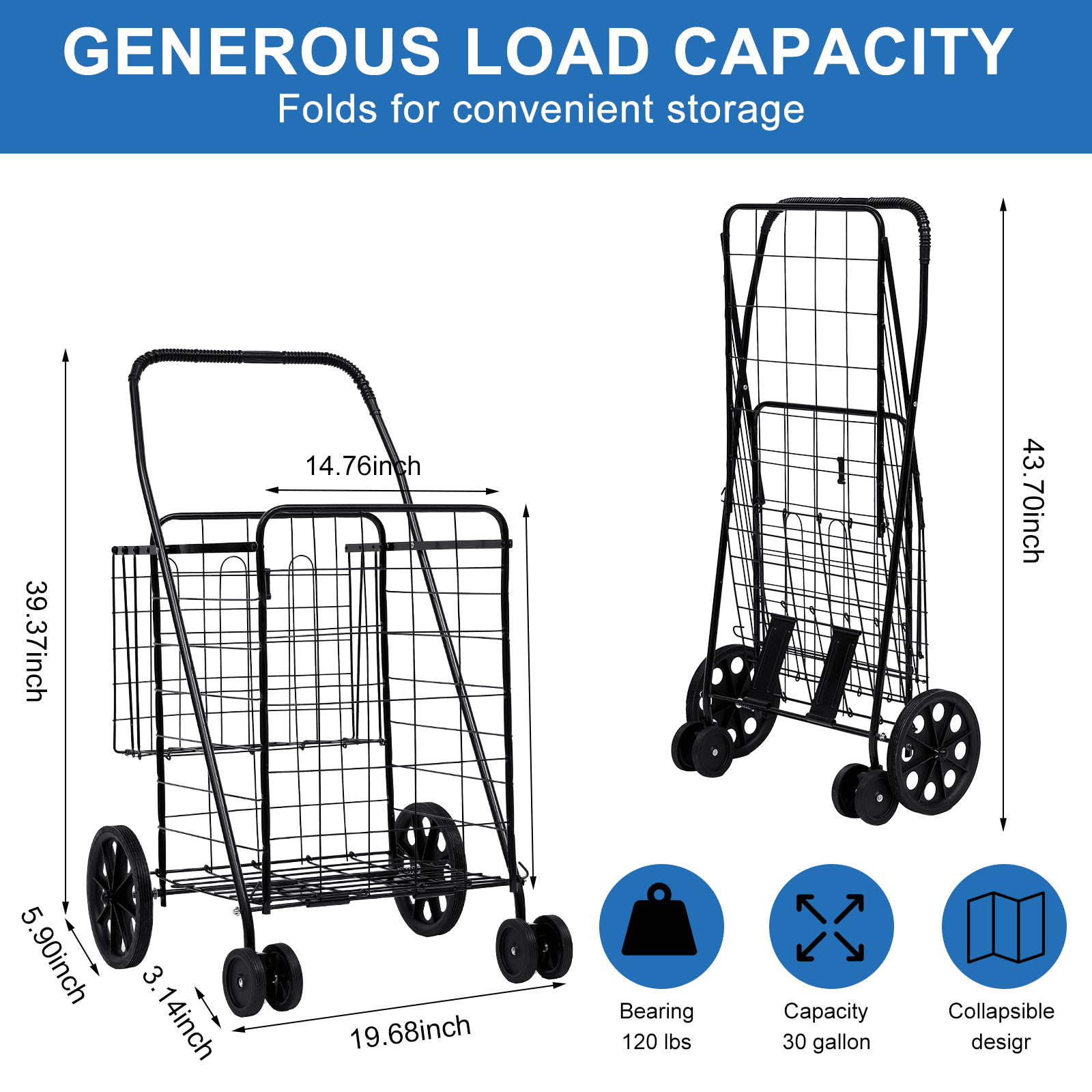 SUGIFT Folding Shopping Cart with Swivel Wheels Jumbo Basket for Grocery Laundry Travel, Black