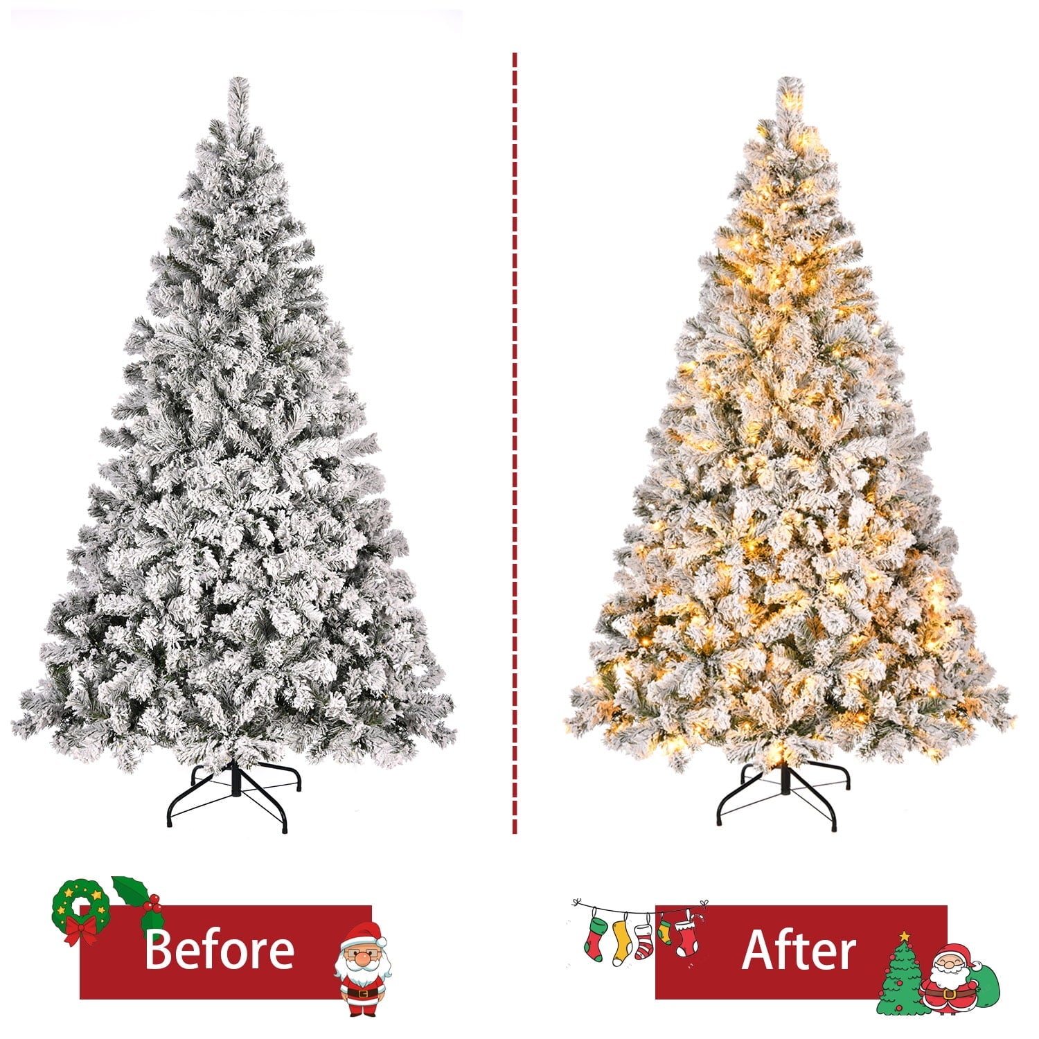 SUGIFT 6.5ft Premium Christmas Tree, Snow Flocked Pine 1000 Branches with 250 Warm White Lights