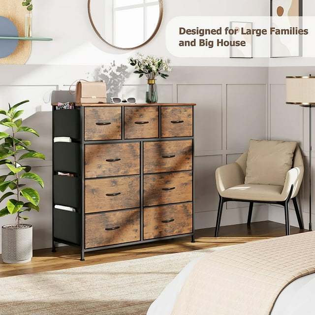 SUGIFT 9 Drawer Dresser, Chest of Drawers for Bedroom , Fabric Dresser with Side Pockets for Closet, Brown