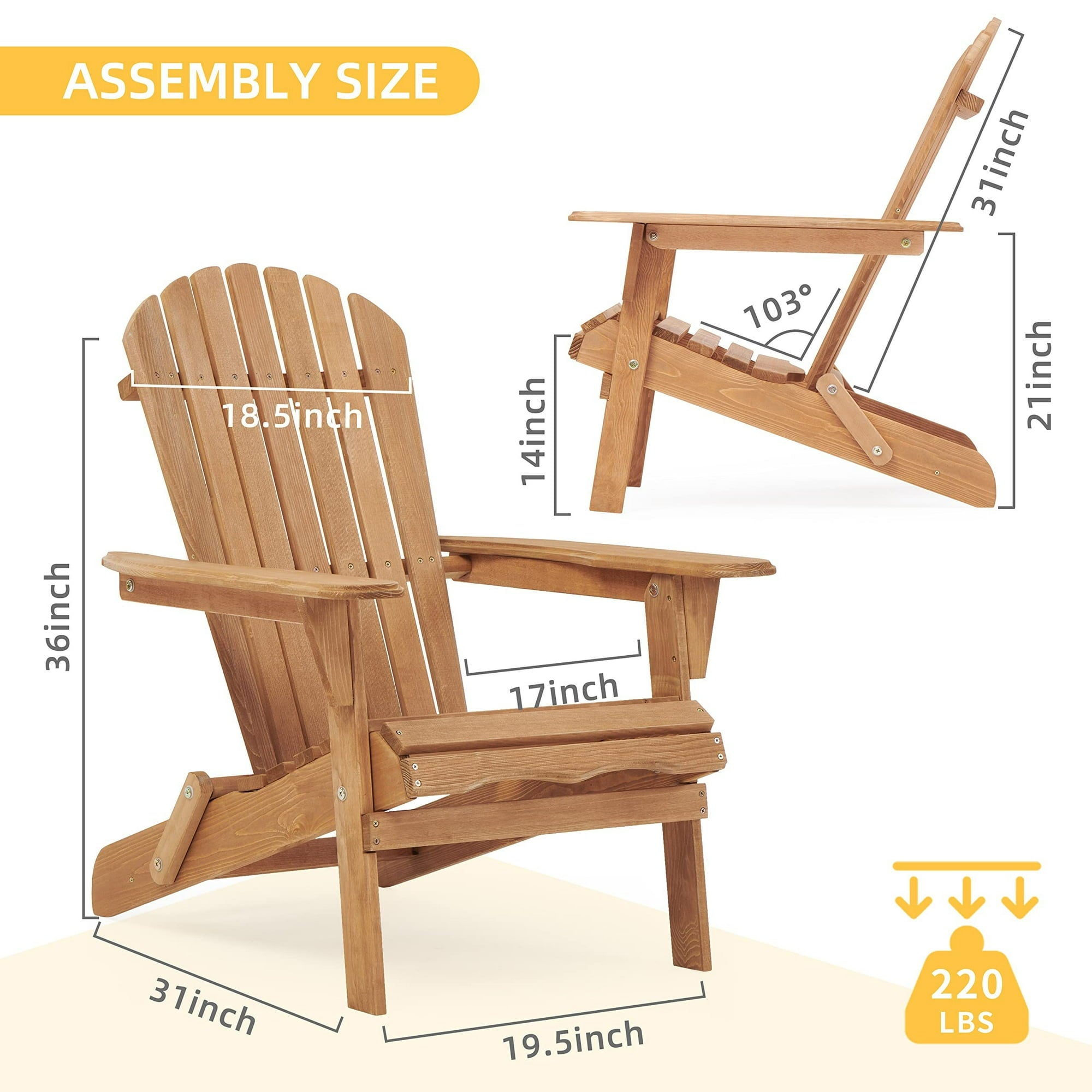 SUGIFT Wooden Outdoor Folding Adirondack Chair Set of 2 Wood Lounge Patio Chair for Garden