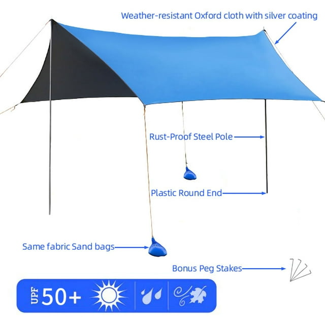 SUGIFT Family Portable Sun Shelter Beach Tent Canopy 10ft x 10ft UPF50+ Blue