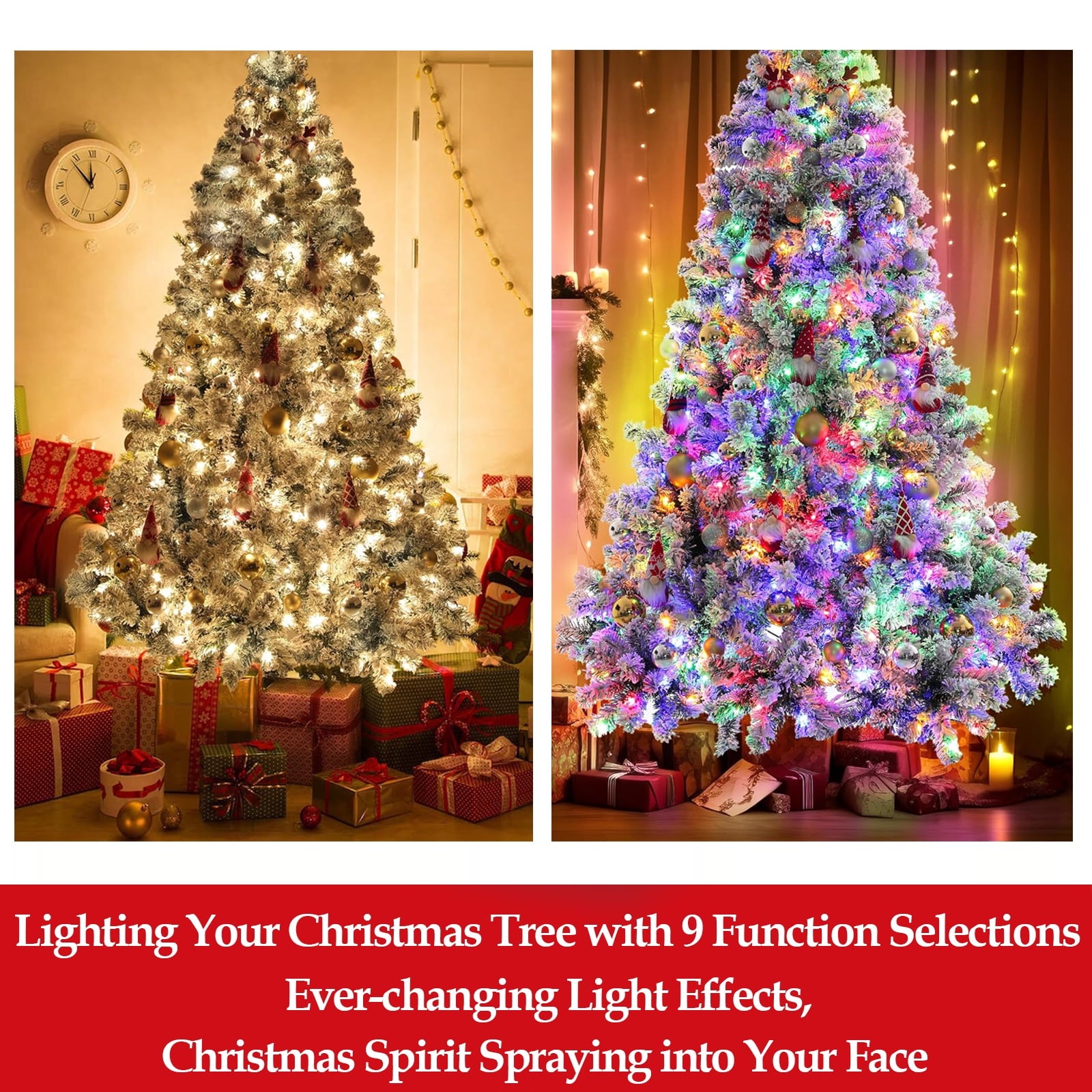 HONGGE 6ft Pre-Lit Artificial Christmas Tree w/ Flocked Branches, 250 Warm-White and Multicolored Lights, 9 Light Sequences