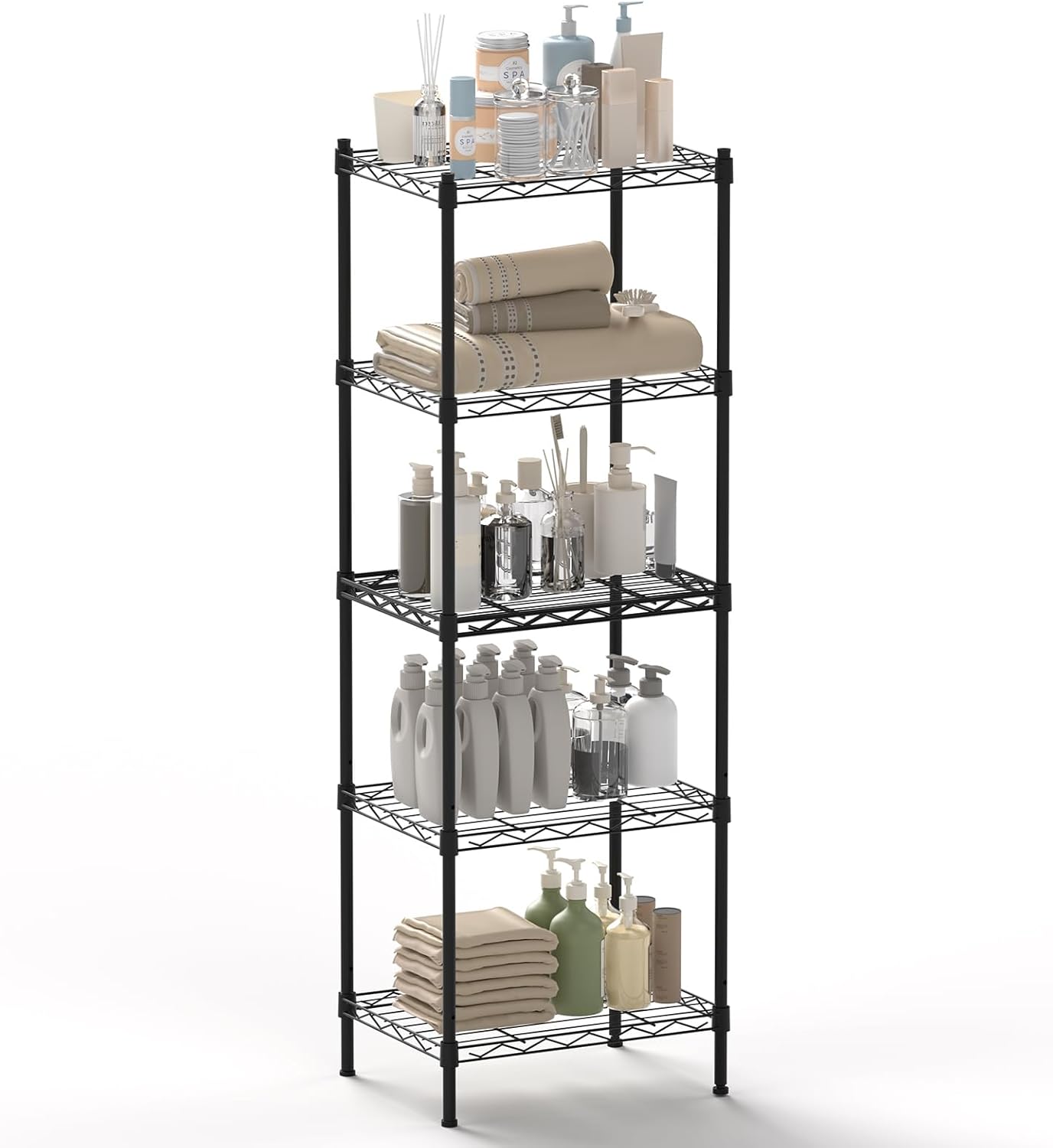 SUGIFT 5-Tier Strong Storage Shelving Unit Kitchen Metal Wire Shelving Organizer Unit with Anti-Sleep Feet Indoor Bathroom Black