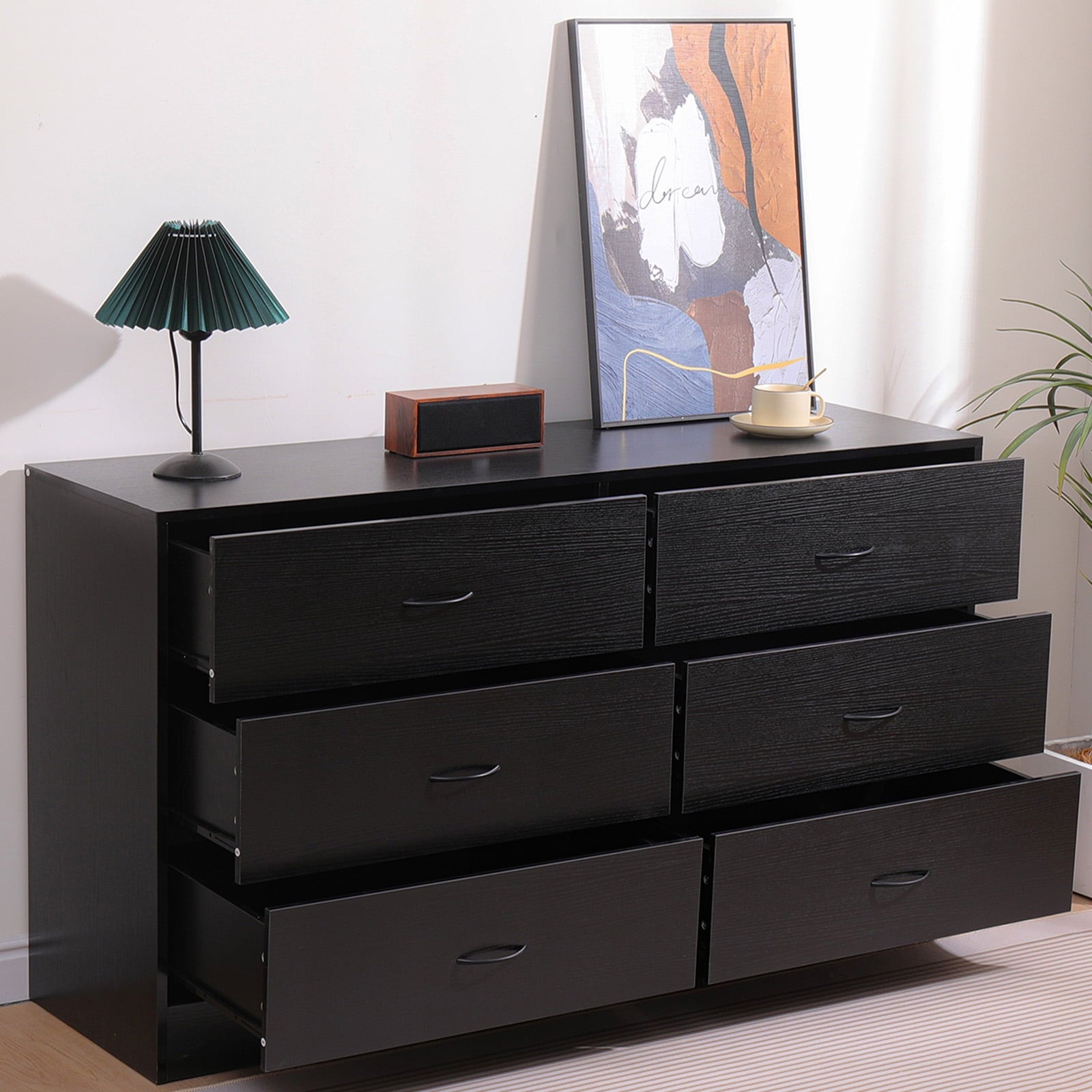 SUGIFT Modern 6 Drawer Dresser Chest of Drawers for Bedroom, Black