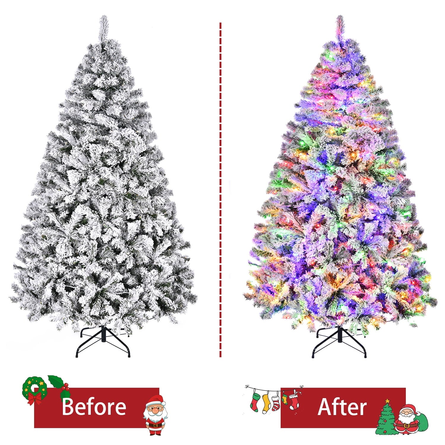 SUGIFT 6.5ft Premium Christmas Tree Snow Flocked Pine 1000 Branches with 250 Colorful Lights