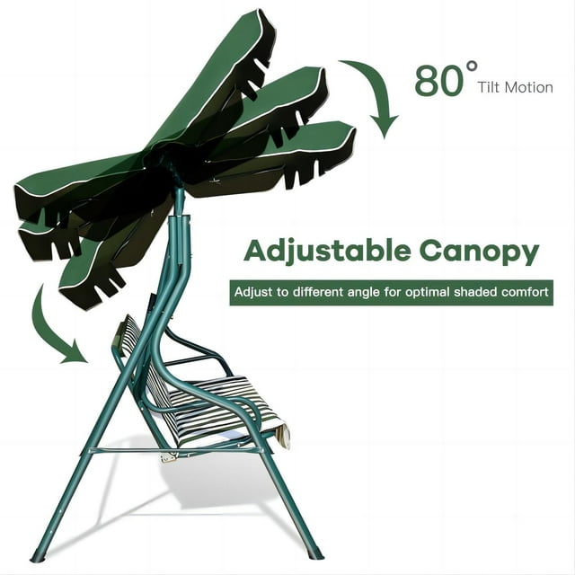 3-Seat Patio Swing Chair, Outdoor Porch Swing with Adjustable Canopy & Durable Steel Frame for Patio, Garden - Green