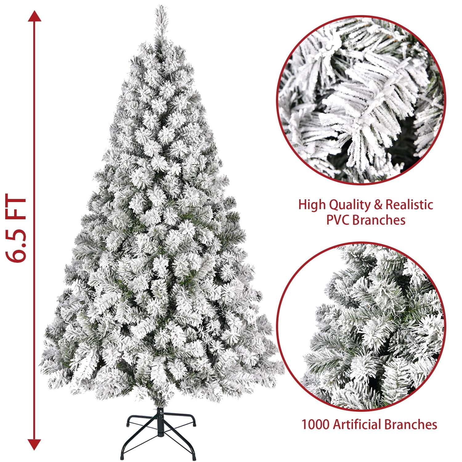 SUGIFT 6.5ft Premium Christmas Tree, Holiday Snow Flocked Pine Branches 1000 Branches White