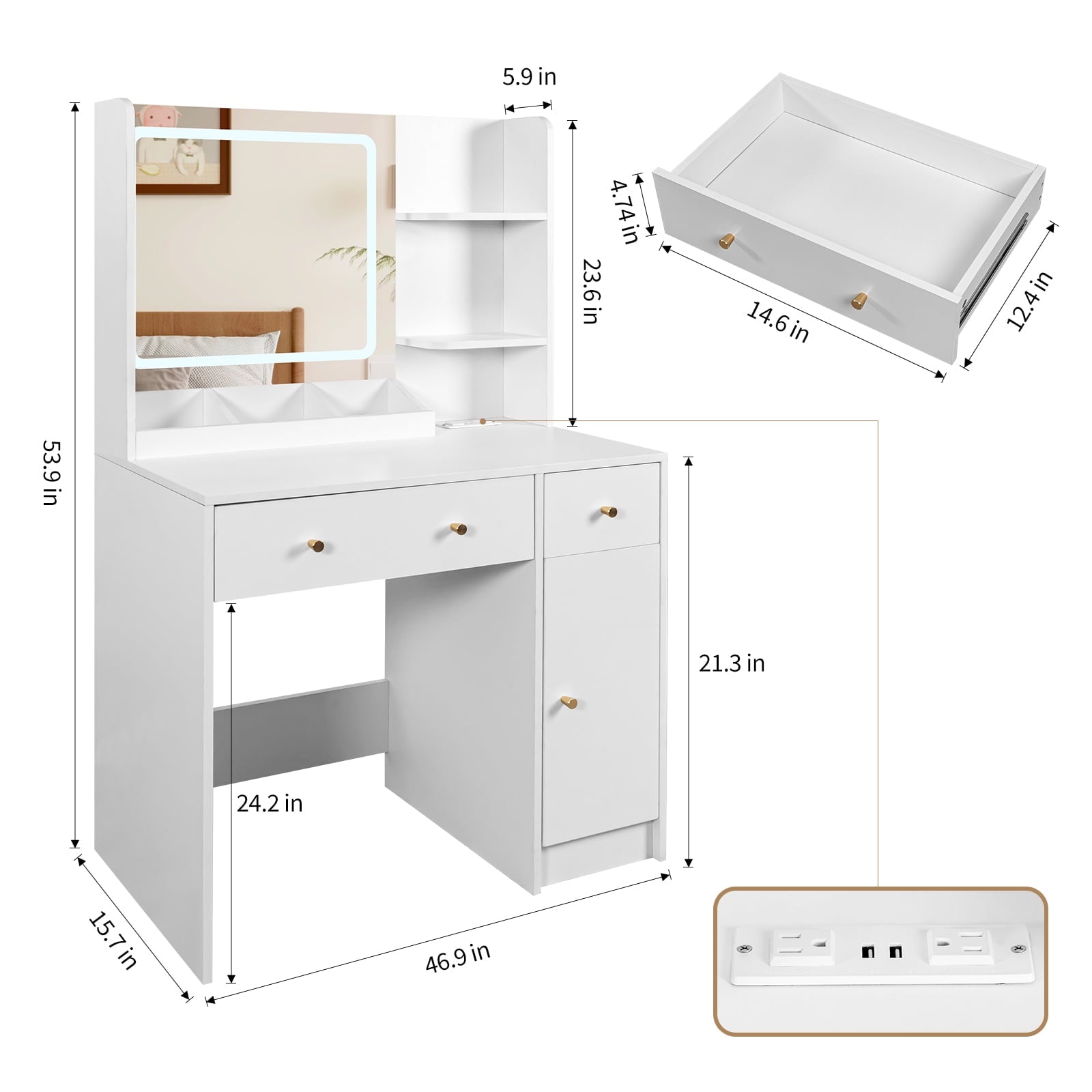 SUGIFT Large Modern Vanity Set with Three Level Storage Dresser White