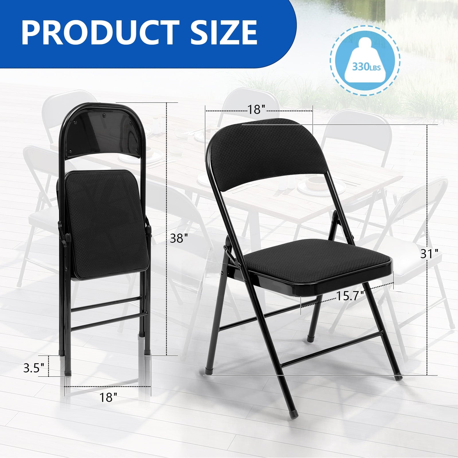 SUGIFT Folding Chairs Set of 4 Fabric Cover Padded Folding Chair, Black