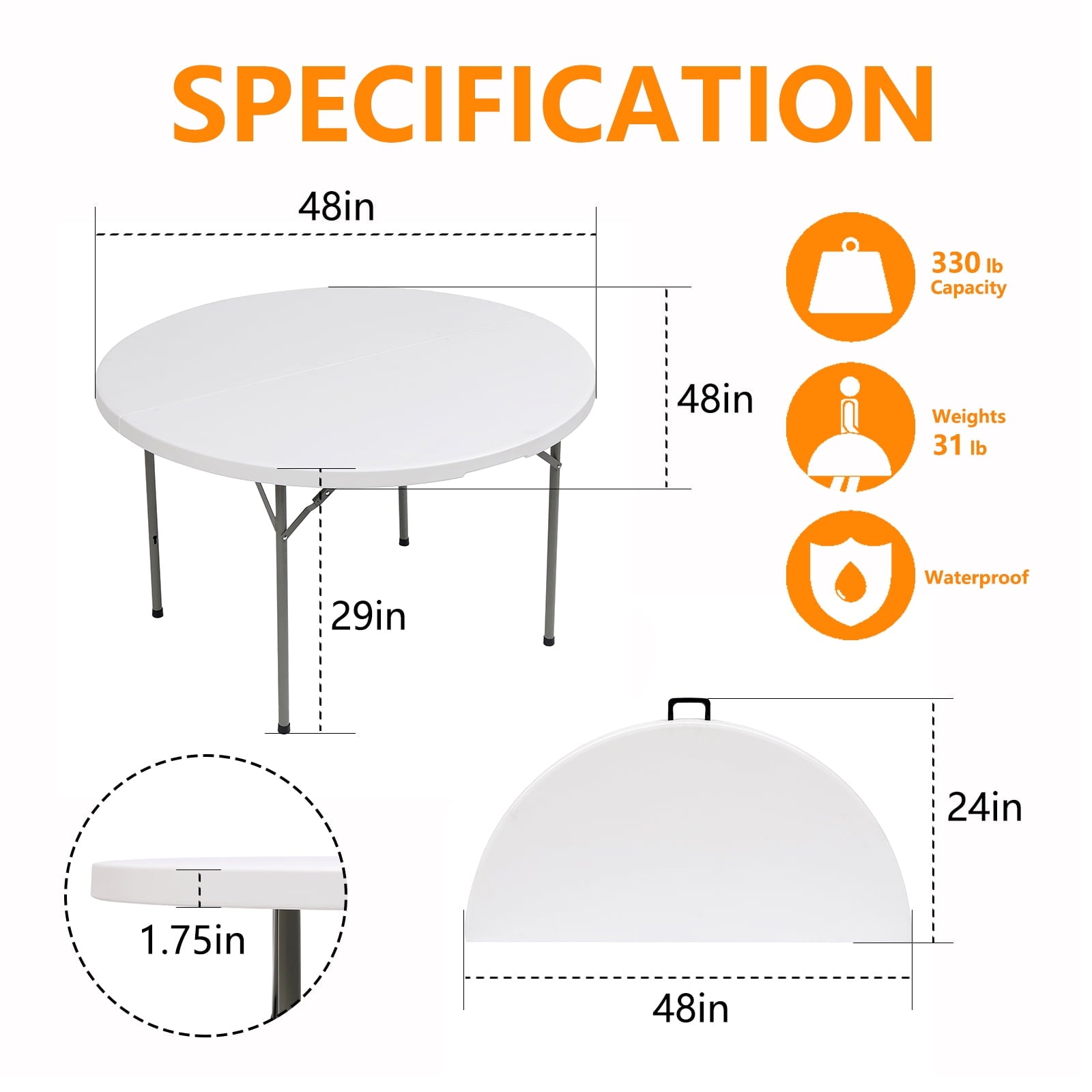 SUGIFT Round Folding Table 4Ft Indoor Outdoor Plastic Table for Kitchen Camping Picnic BBQ Party, White