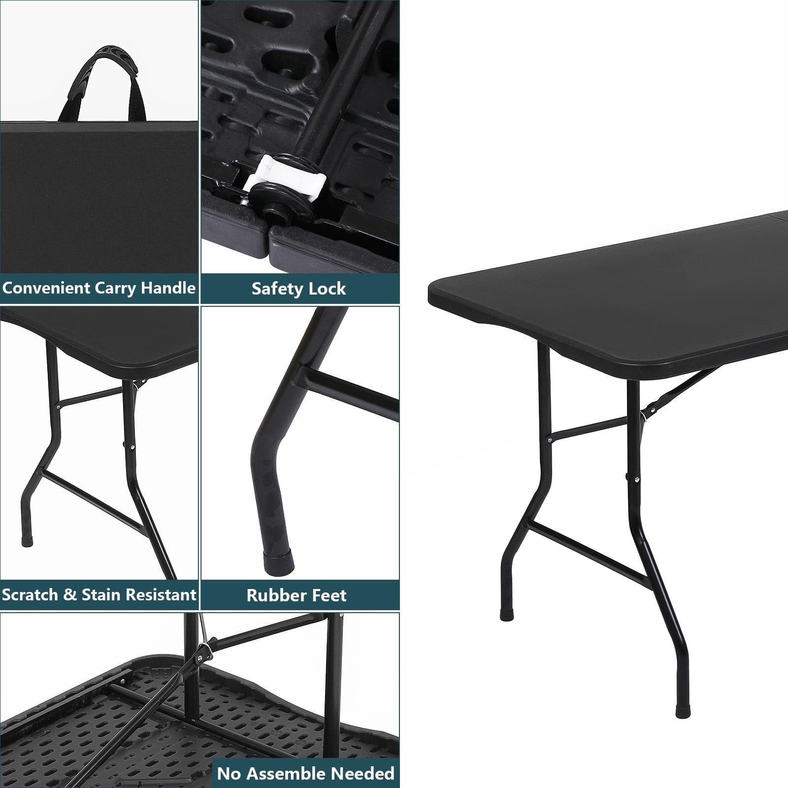 ALPULON Plastic Folding Table 6ft for Camping, Dining, Party, Black