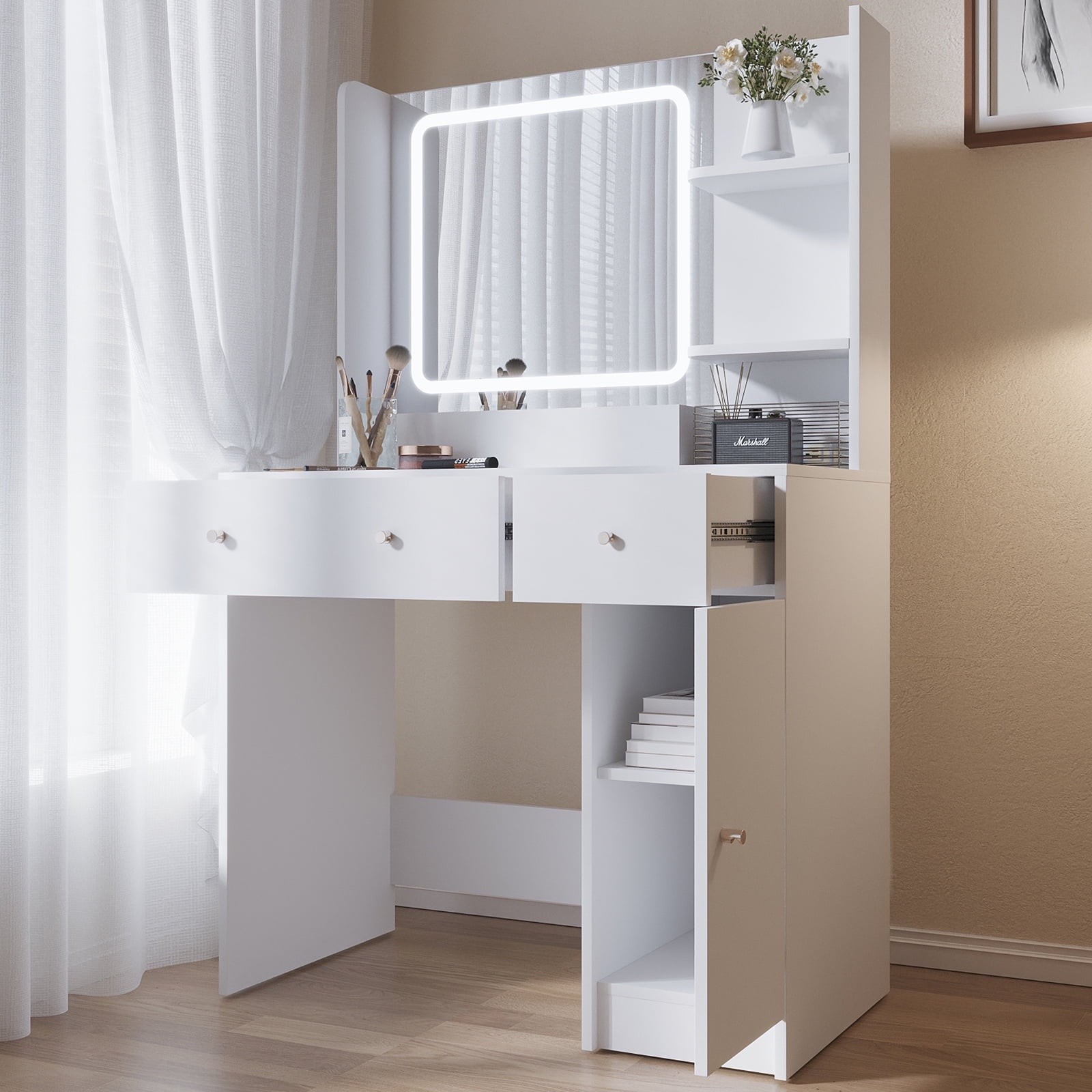 SUGIFT Large Modern Vanity Set with Three Level Storage Dresser White