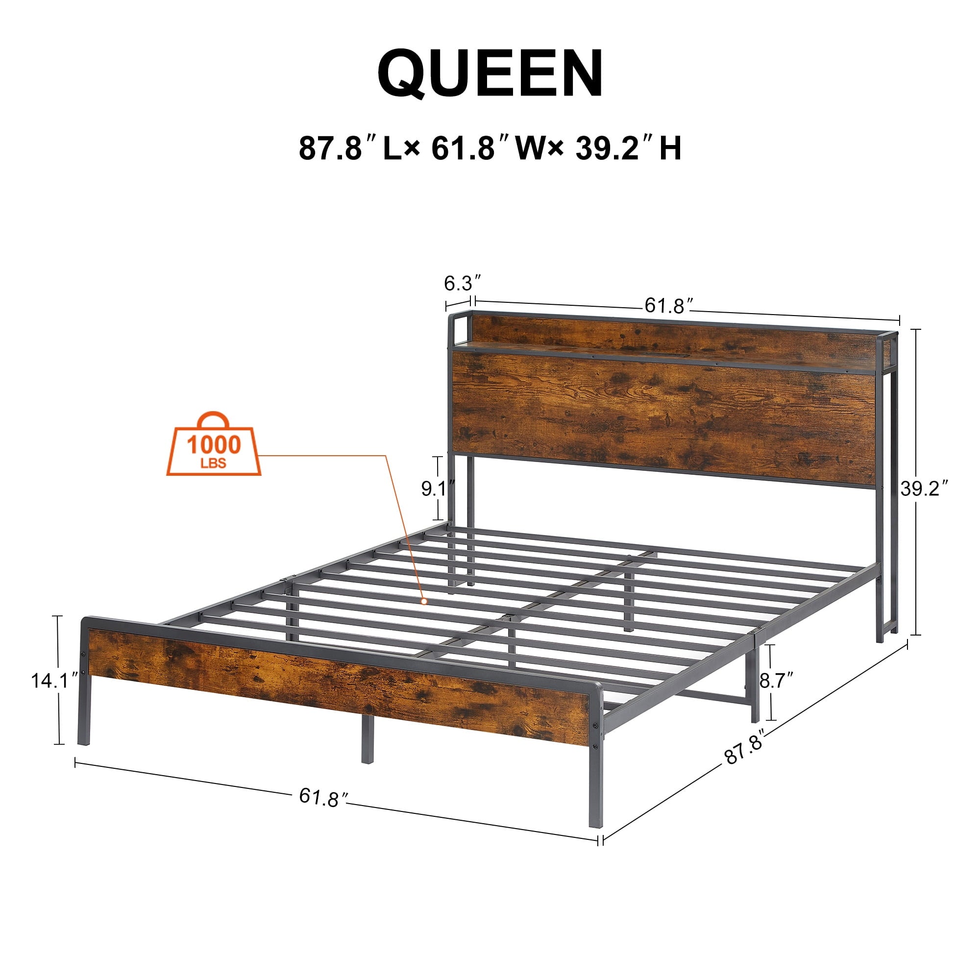 SUGIFT Bed frame with charging station queen size