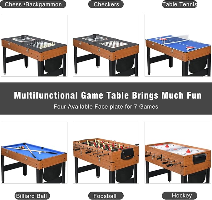 SUGIFT 4ft 7-in-1 Multi Game Table Set w/Hockey, Pool, Foosball, Ping Pong, Shuffleboard, Chess and Backgammon, Combo Game Table for Adults & Kids