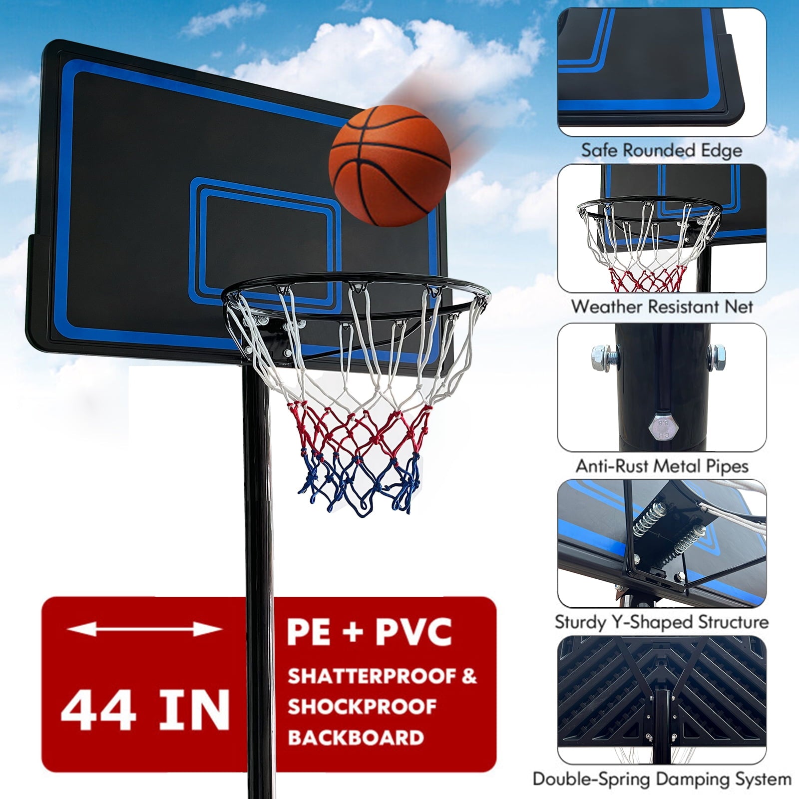 SUGIFT Adjustable Portable Basketball Hoop System with 44 Inch Backboard