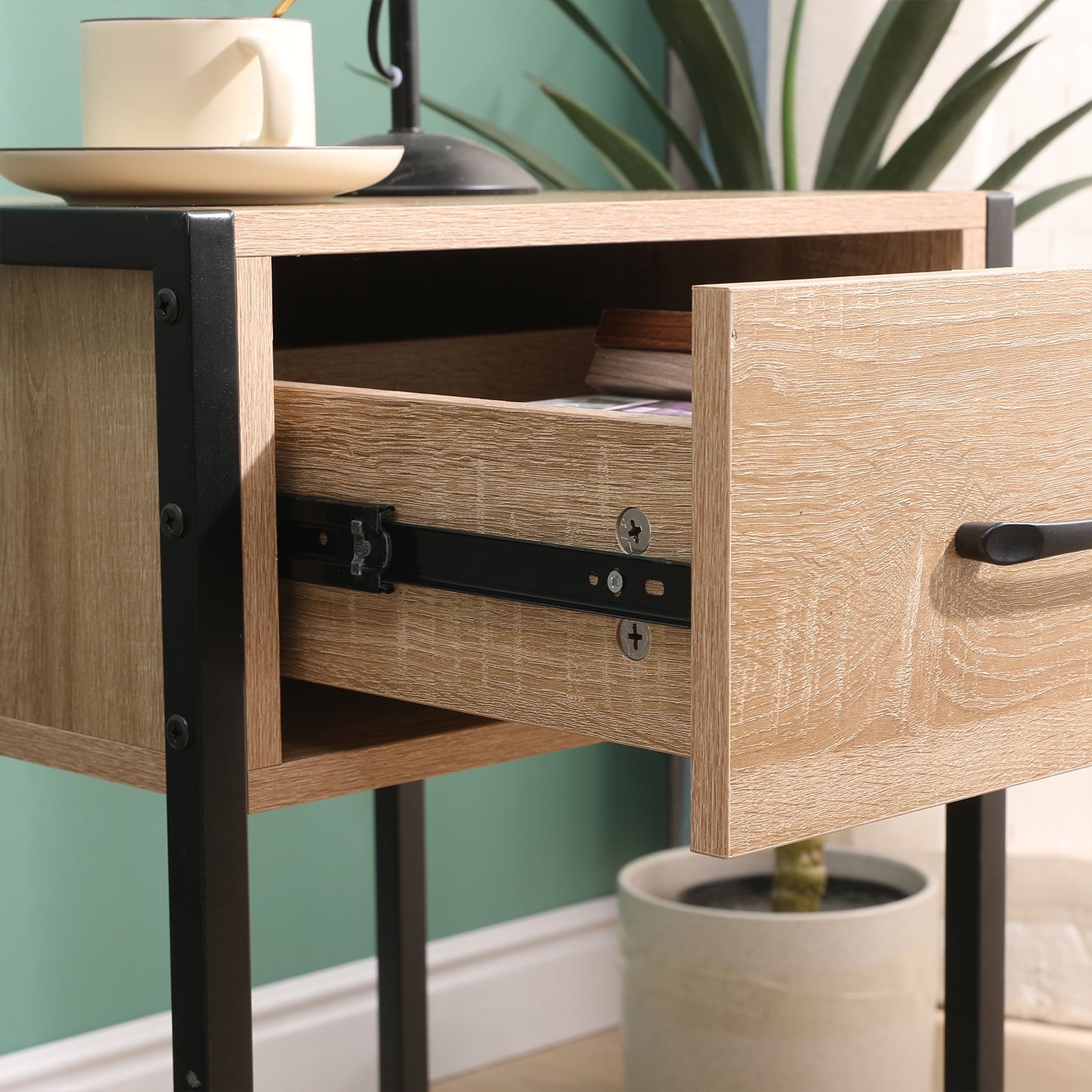 Vebreda Nightstand with Drawer Night Stand for Bedroom, Home Office, Beige Oak