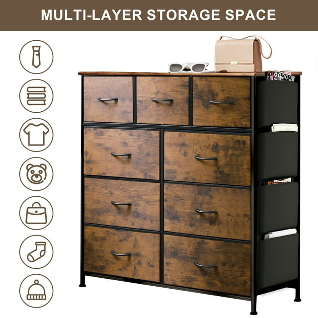 SUGIFT 9 Drawer Dresser, Chest of Drawers for Bedroom , Fabric Dresser with Side Pockets for Closet, Brown