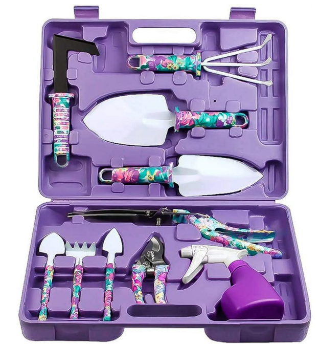 Harigal Gardening Tools Set 10 Pieces, Purple Floral Printed Garden Tools Kit,Multi-functional Gardening Gifts for Women Mother Wife