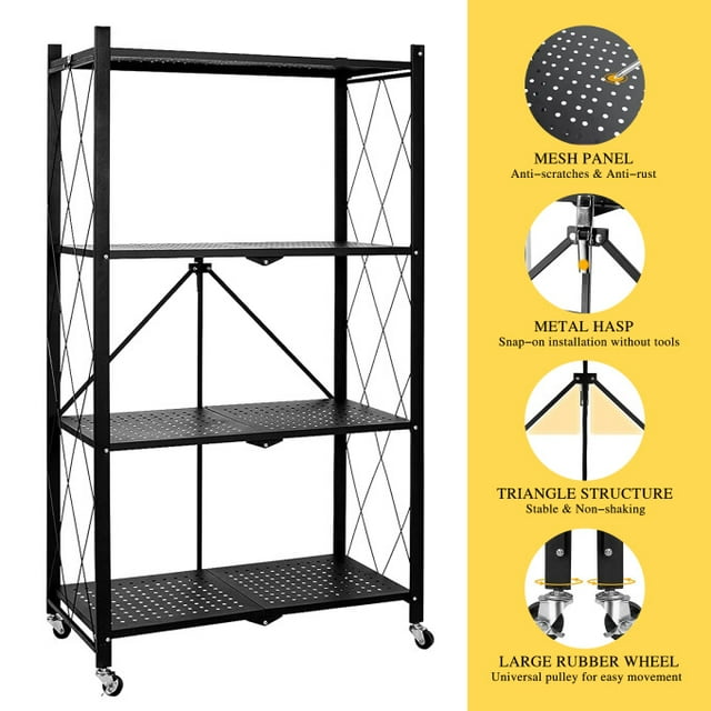 TBKLEY 4-Tier Foldable Storage Shelving with Wheels, Heavy Duty Metal Shelf, Kitchen Shelving Units, Black