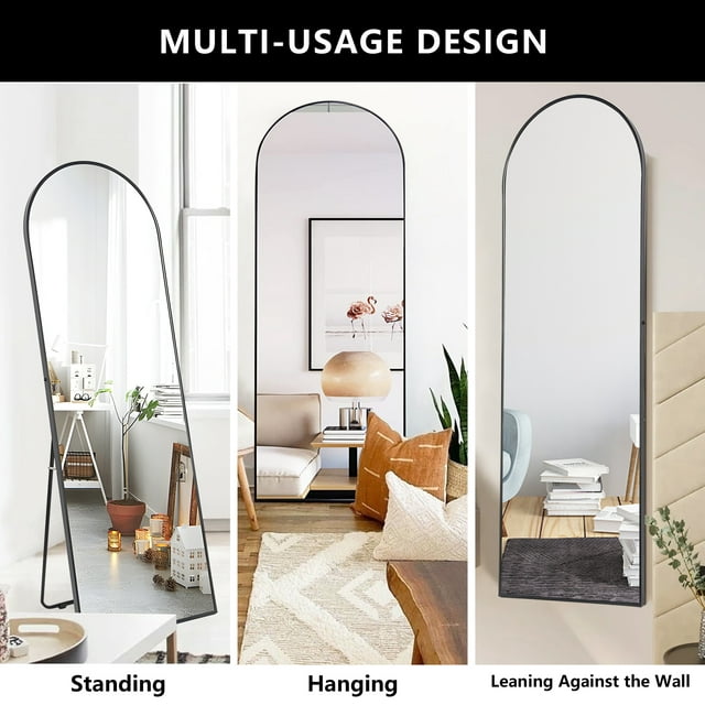 SUGIFT 65x22 Arched Full Length Mirror, Floor Mirror with Stand, Full Body Mirror, Arched Wall Mirror, Modern Contemporary Full Length Mirror with Wood Frame - Black