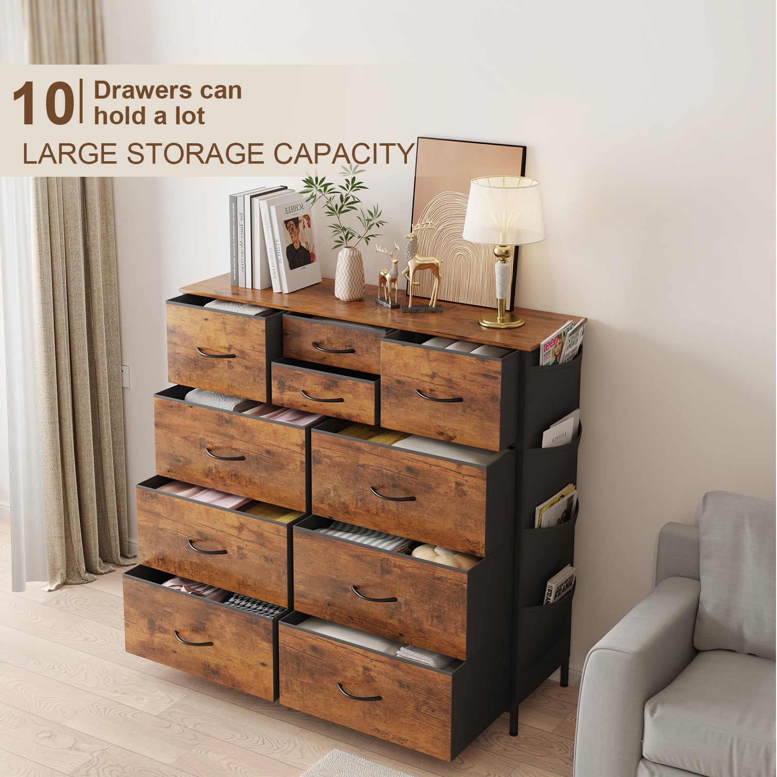 SUGIFT 10 Drawers Dresser for Bedroom, Fabric Storage Organizer Unit for Living Room, Hallway, Closet (Rustic Brown)
