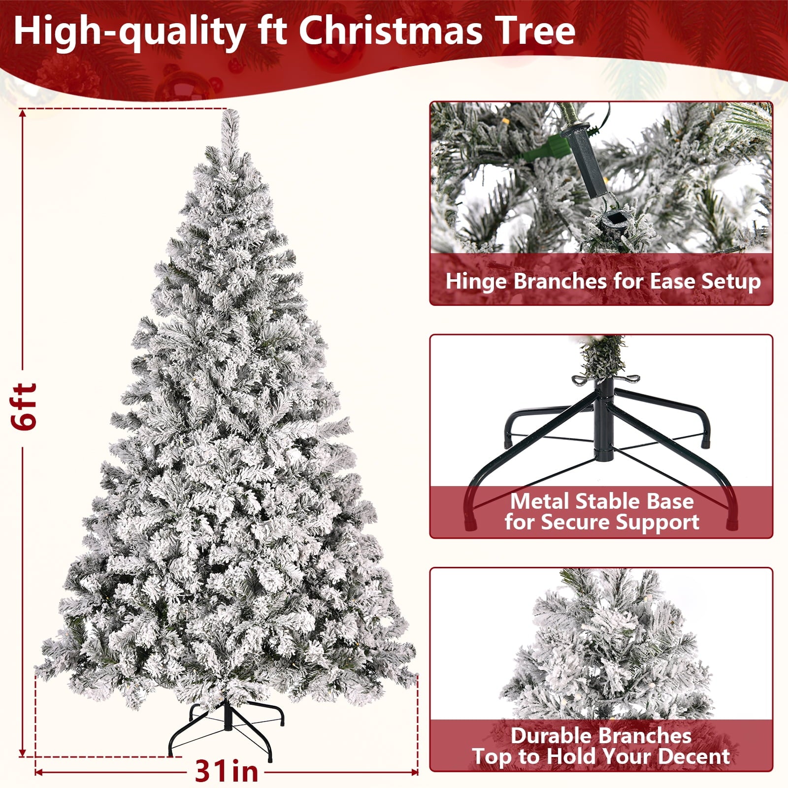 YouYeap 6ft Prelit Flocked Christmas Tree with Warm White Lights for Home, Office, Party Decoration