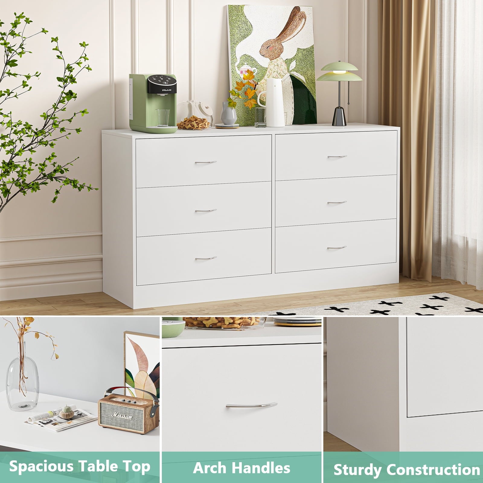 SUGIFT 6 Drawer White Dresser for Bedroom Versatile Chests of Drawers with Sturdy Structure