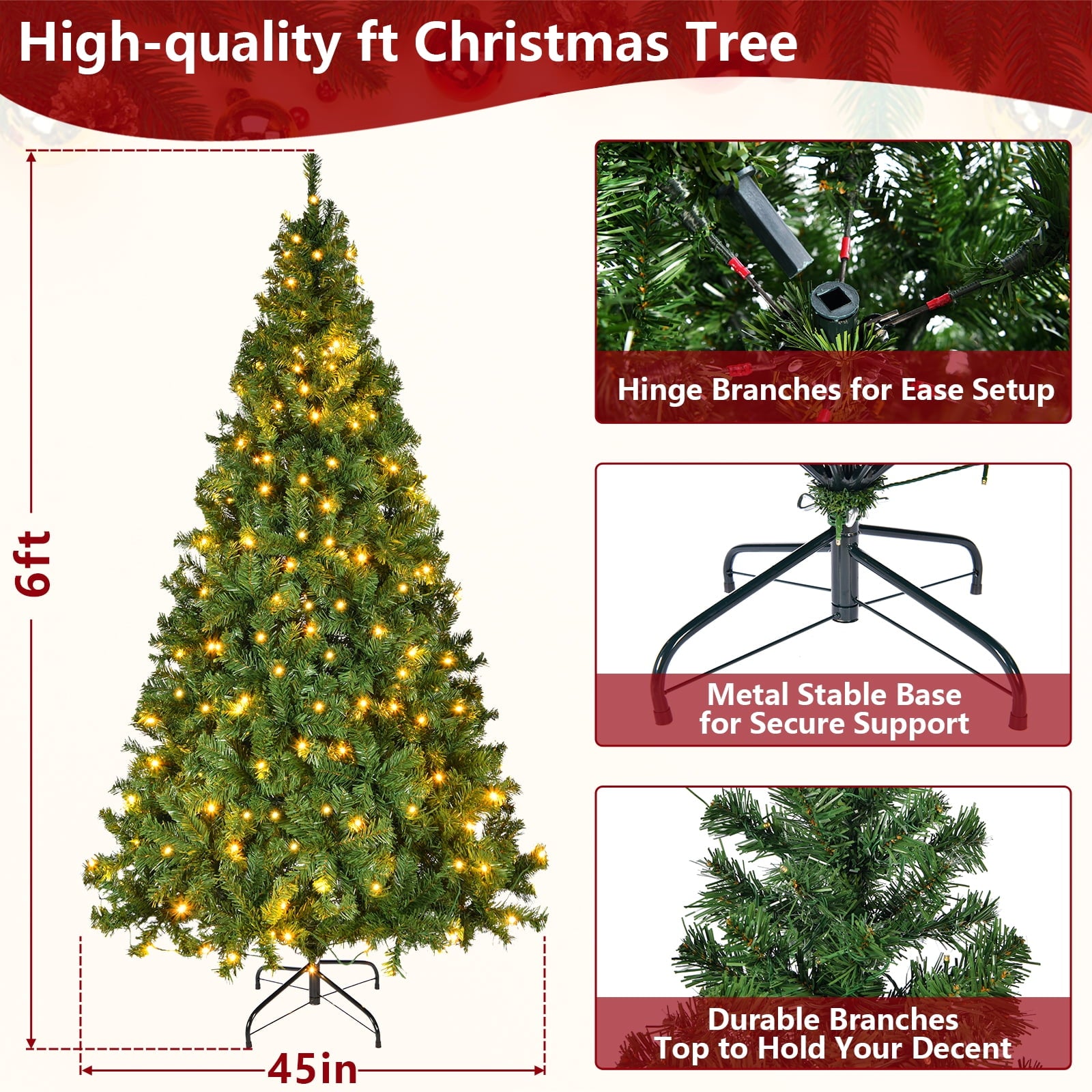 YouYeap Pre-Lit Christmas Tree 6ft Xmas Tree with Warm Wihte Lights for Indoor and Outdoor Christmas Decoration