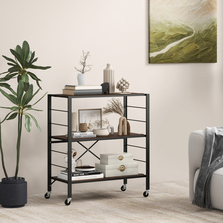 3-Tier Foldable Shelving Unit with Detachable Wheels and Adjustable Shelves