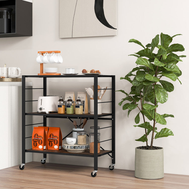 3-Tier Foldable Shelving Unit with Detachable Wheels and Adjustable Shelves