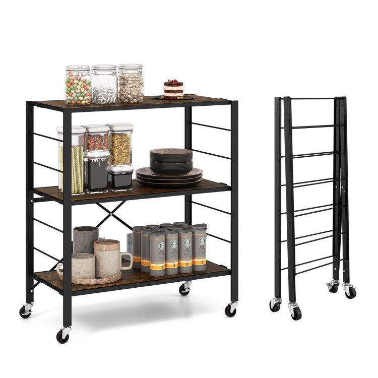 3-Tier Foldable Shelving Unit with Detachable Wheels and Adjustable Shelves