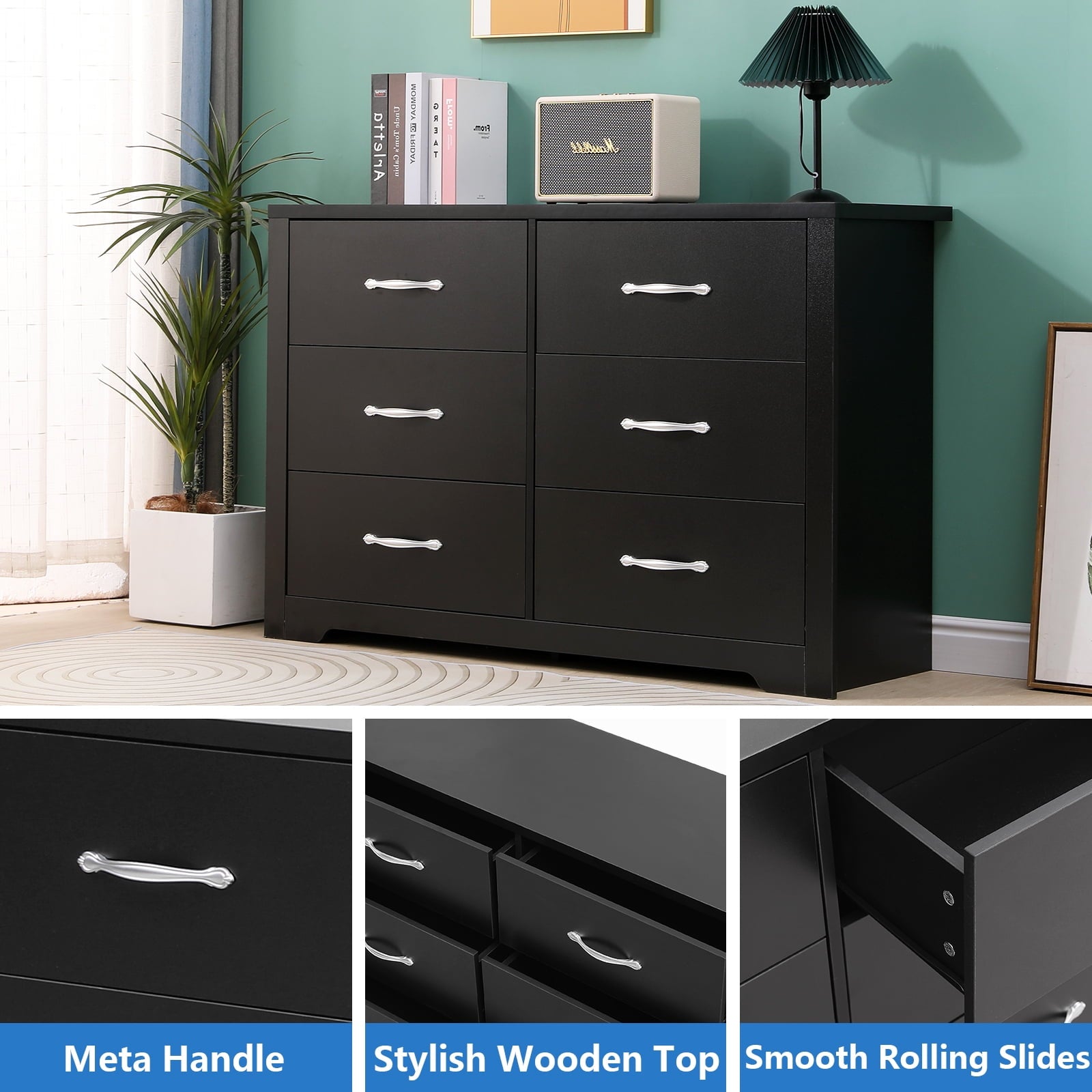 SUGIFT 6 Drawer Dressers Black Wood Dresser Chest of Drawers Double Dresser for Bedroom