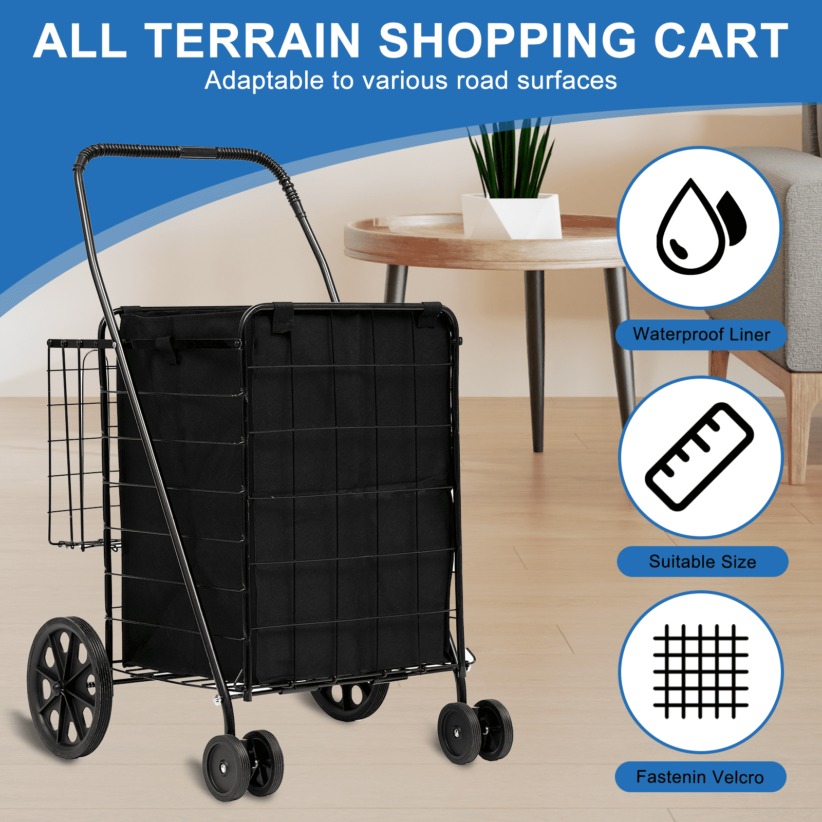 SUGIFT Folding Shopping Cart with Swivel Wheels Jumbo Basket for Grocery Laundry Travel, Black