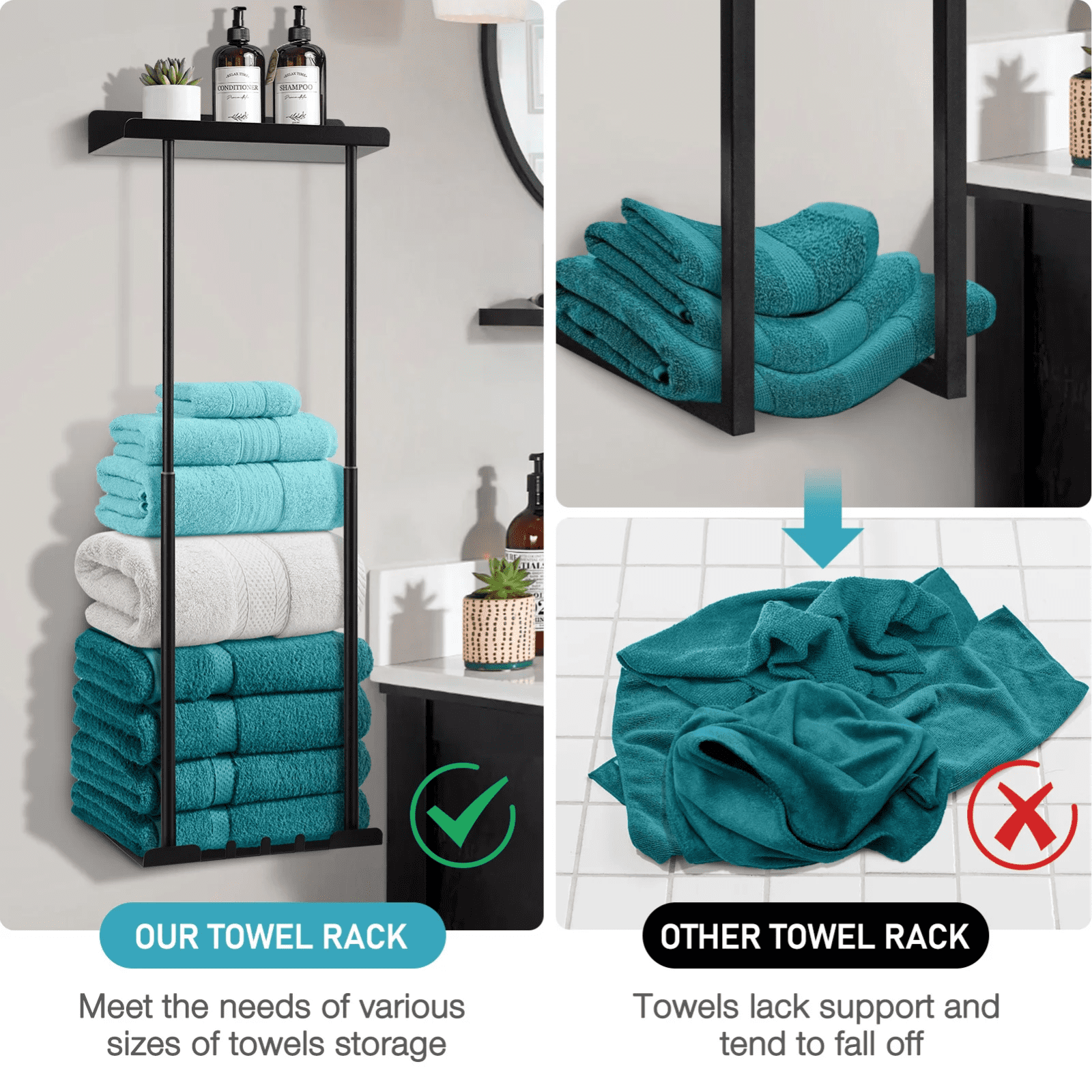 SUGIFT New Upgrade Towel Holder, Retractable Towel Rack with Metal Shelf, Wall Mounted Bathroom Organizers and Storage, Bathroom Accessories for Folded Washcloths Black