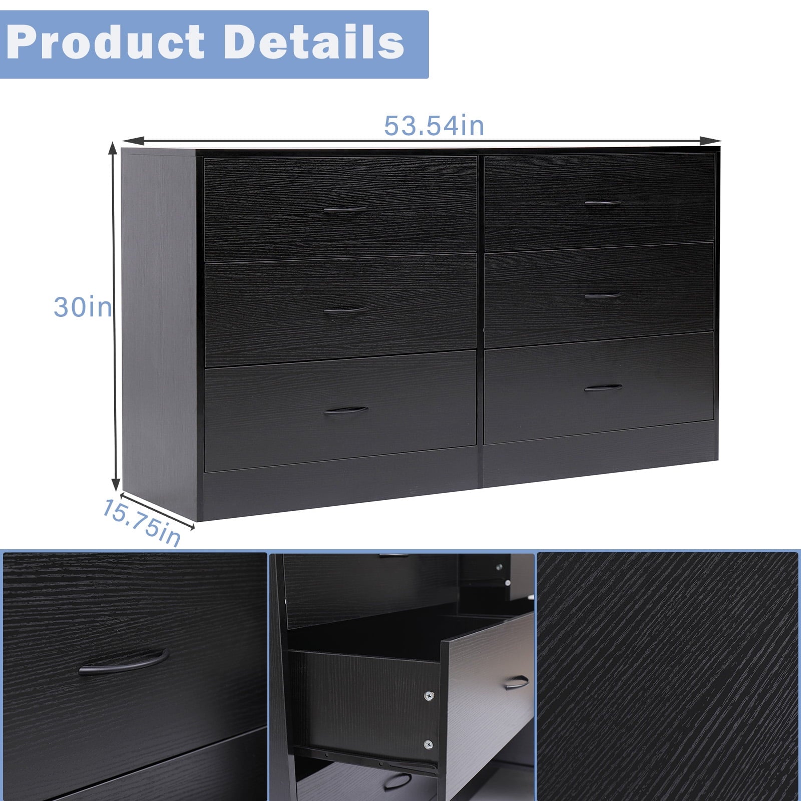 SUGIFT 6 Drawer Double Dresser Black Wood Dresser for Bedroom