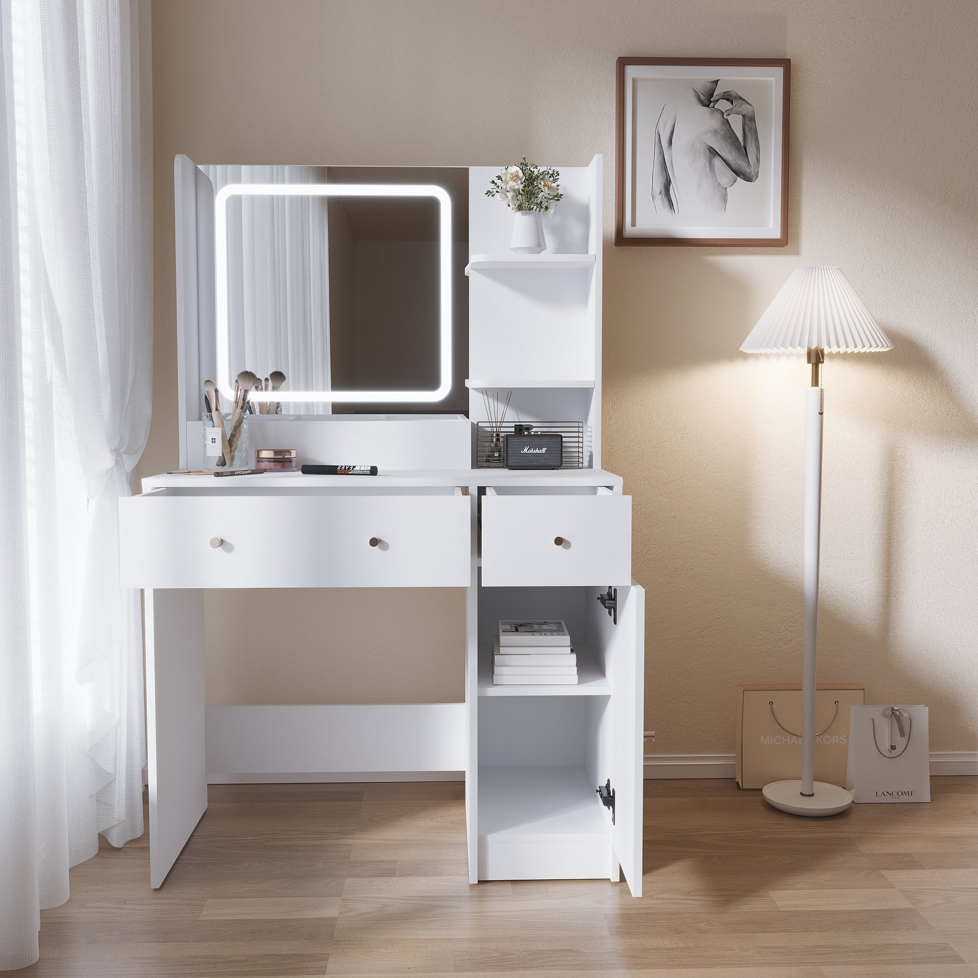 SUGIFT Large Modern Vanity Set with Three Level Storage Dresser White