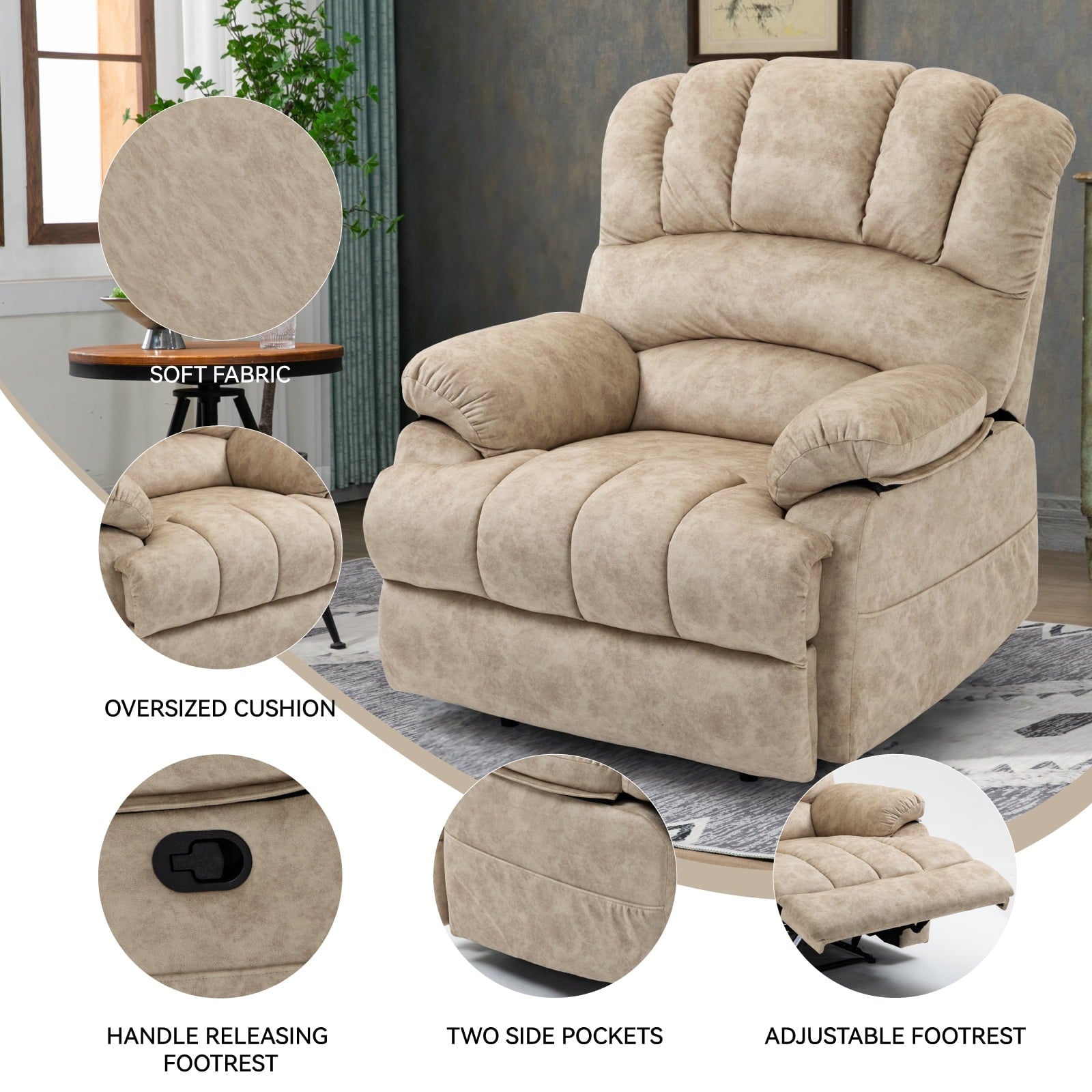 SUGIFT Large Manual Recliner Chair in Fabric for Living Room