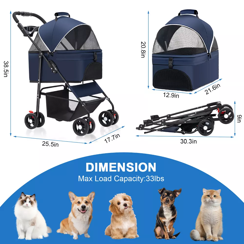 SUGIFT 3-In-1 Pet Stroller with Removable Car Seat Carrier Adjustable Canopy